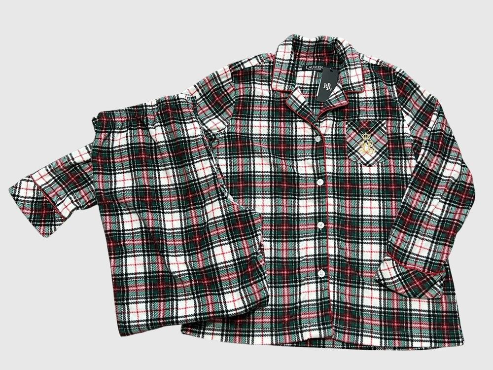 NEW Ralph Lauren Ivory Red Plaid Christmas Holiday Fleece Pajama Set Women's L